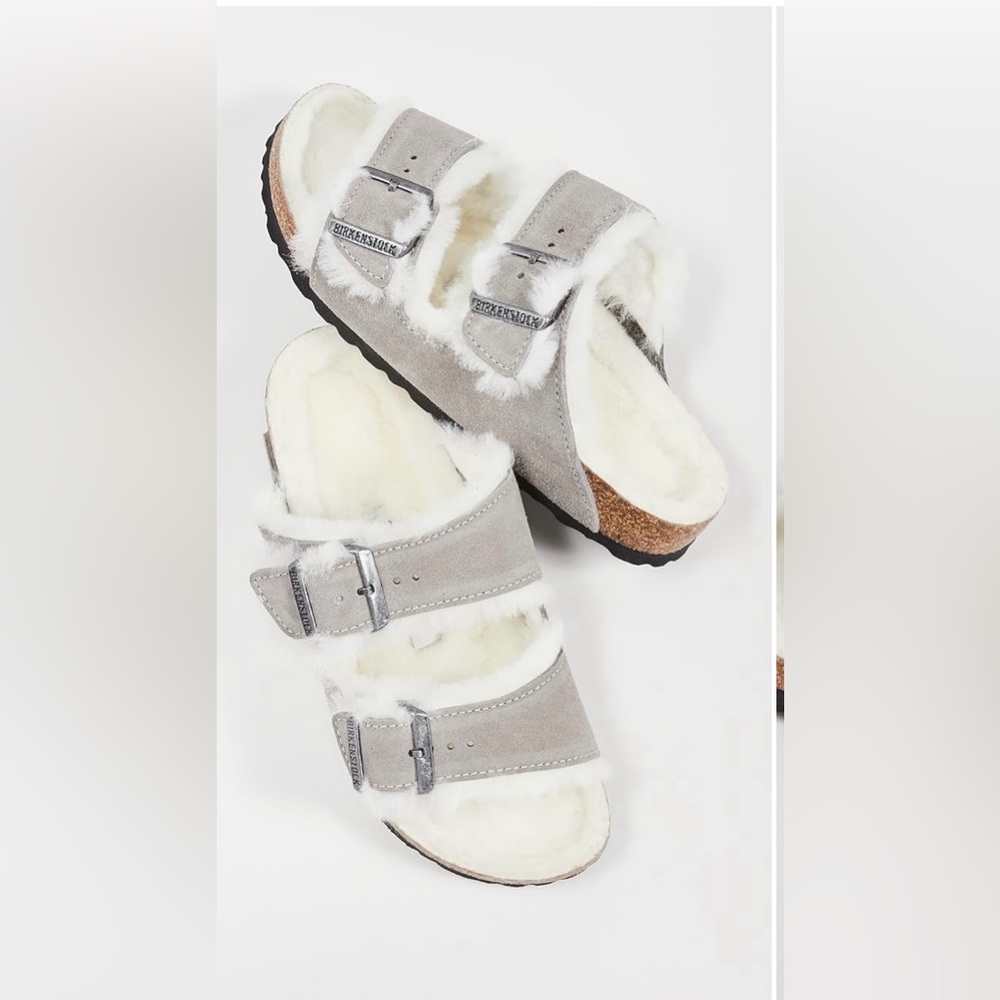 Birkenstock Arizona Genuine Shearling Slide Sandals in Stone Coin Suede